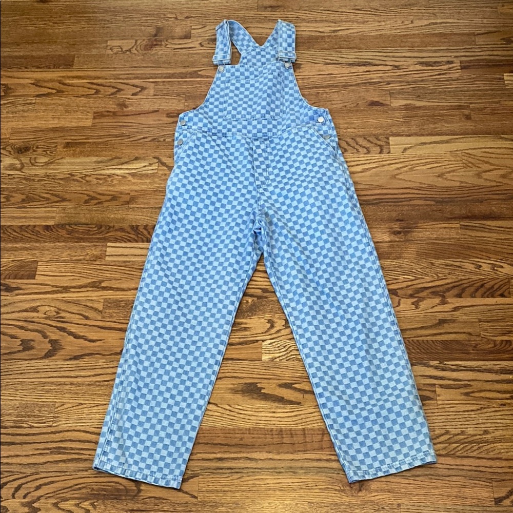 Blue Checkered Denim Overalls
